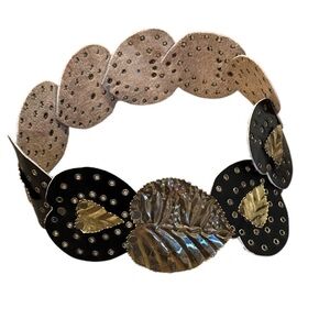 Statement Black Grommeted Leather Conch Belt with Ornate Brass Leaves Size Small